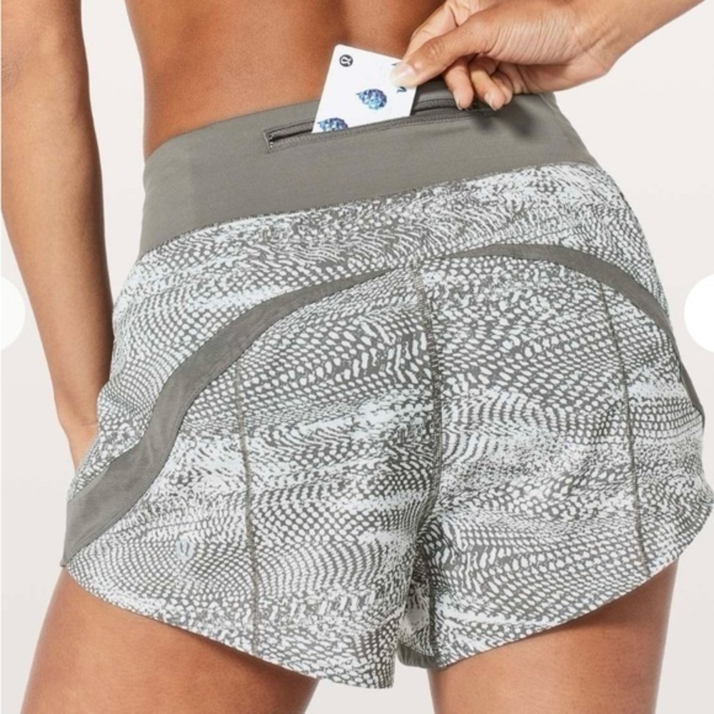 Lululemon Gait Keeper Short, 3.5”, gray, mesh trim, zip back pocket sz 6